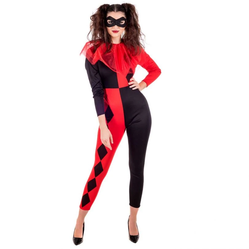 Womens Red & Black Harlequin Jumpsuit Costume 3 Womens Red & Black Harlequin Jumpsuit Costume