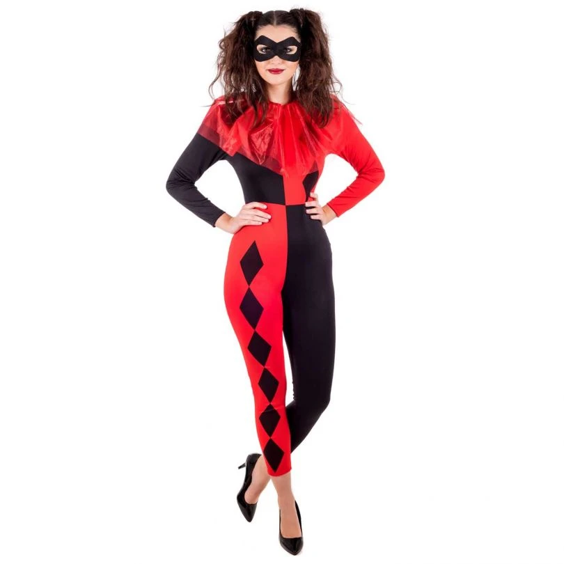 Womens Red & Black Harlequin Jumpsuit Costume 5 Womens Red & Black Harlequin Jumpsuit Costume - Image 3