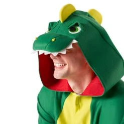 Mens Green Dinosaur Onesie Costume -Clipper Teas shop mcmod green dino onesie closeup